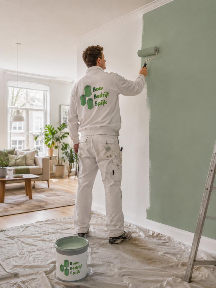 Schilder van Spijk brengt saliegroene muurverf aan in een woonkamer