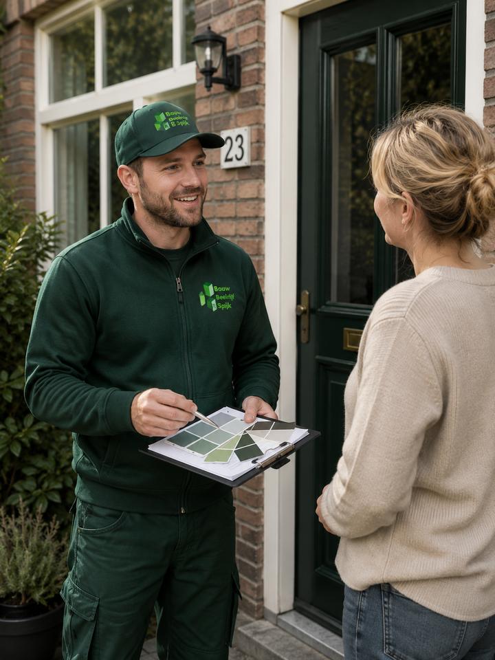 Schilder van Spijk bespreekt kleurstalen met een klant aan de voordeur